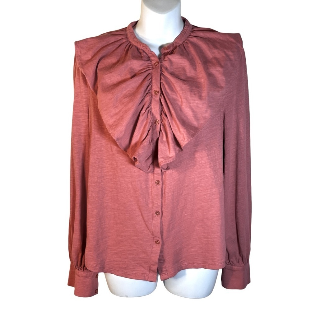Boden pink ruffle front button down long-sleeve top size 8 US